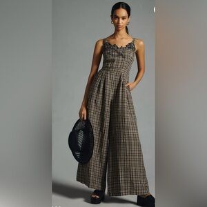 Anthropologie Plaid Wide-Leg Jumpsuit in Brown and Black